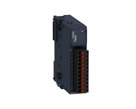 Schneider Electric Modicon TM3 analogt udgangsmodul AO2, 12-bit, med fjederklemmer og 24V forsyning, vist i et skråt perspektiv.