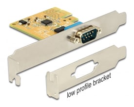 DeLock PCI Express-kort 89444 med én seriel port, vist med standardbeslag og separat lavprofilbeslag.