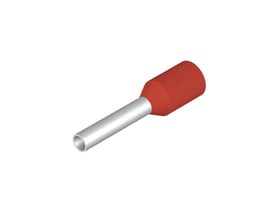 Et enkelt rødt Weidmüller terminalrør med sølvfarvet metalspids og en klar turkis plastkrave.