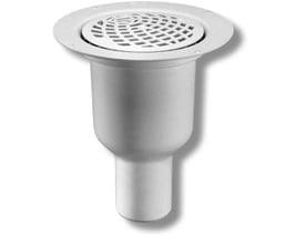 Purus BRAGE 75 mm hvidt gulvafløb med lodret udløb til vinylgulv, vist forfra.