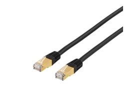DELTACO Cat7 patchkabel på 5 meter i sort med guldbelagte RJ45-stik på hvid baggrund.