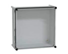 Schneider Electric modulboks 7035 MOD. set indefra, viser det grå PE-materiale og det transparente låg.