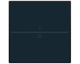 Niko tangent med 'i' og 'o' symbol til trådløs 2-tryk i elegant antracit farve, vist fladt på en ensfarvet mørkeblå baggrund.