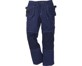 Kansas 255K håndværkerbukser, blå, forfra med synlige CORDURA-forstærkede hængelommer og knælommer.
