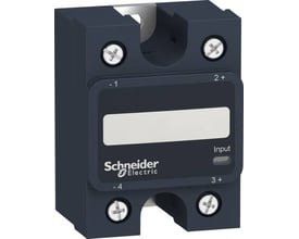 Schneider Electric Zelio SSP solid state relæ til 1-fase, 50A, med mærkning for input og terminaler, monteret på en mørkeblå baggrund.