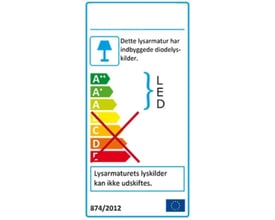 Energimærke for Loevschall Godhavn spejl med lys, viser LED lyskilder med energiklasse A++ til D, og EU-blomsten.