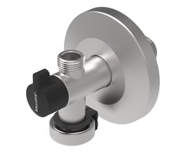 Nærbillede af BROEN BALLOFIX® vinkelventil, der viser detaljer på O-ring og kuglemekanisme i rustfrit stål.