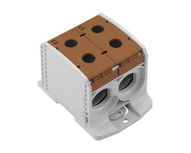 Weidmüller WPD 233 fordelerklemme i hvid med brunt cover, der viser fire skrueterminaler på toppen og to gennemgående forbindelser.