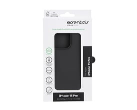 Essentials iPhone 15 Pro cover i sort genbrugssilikone i original emballage med FSC-certificering.
