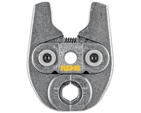 Nærbillede af REMS pressbakke mini M 15, viser 15 mm dimension indgraveret og den robuste konstruktion af hærdet stål.