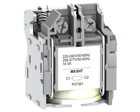 Detaljeret sidebillede af Schneider Electric MX spændingsudløser med mærkat angivende 220-240V/50-60Hz og 10 VA.