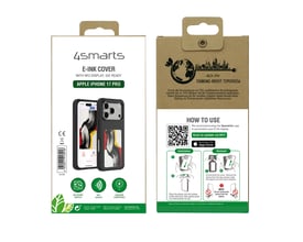 Emballage til 4smarts E-Ink-cover til iPhone 17 Pro med NFC-display og illustration af det sorte cover.