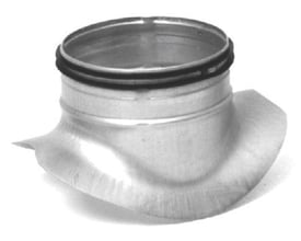 Detalje af Lindab Safe PSU påstik, viser den aerodynamiske strømningsradius og gummitætning i galvaniseret stål.