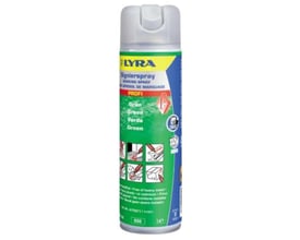 Nærbillede af Lyra Signierspray flasken med grøn markering, viser detaljer på etiketten, herunder PROFI logo og anvendelsessymboler.