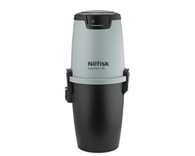 Nilfisk Supreme 150 centralstøvsuger med fokus på designet i grå og sort, ideel til boliger på op til 150 m².