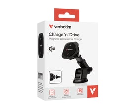 Verbatim Charge 'n' Drive Qi2 magnetisk trådløs biloplader i emballage, viser funktioner som 15W opladning og aktiv køling.