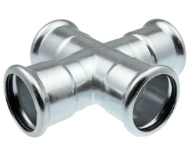 VSH XPress presmuffekryds C1447 på 90° med fire presseender, 35 × 28 mm, i forzinket stål.