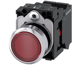 Siemens 22mm trykknap med rød, rund, højglans metalfront og 1 NC kontakt.