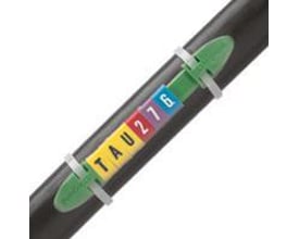 Legrand Duplix mærker monteret på sort kabel med tekst 'TAU276', grønne holdere og hvide strips.