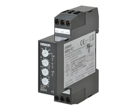 Omron K8DS-PZ2 overvågningsrelæ med 17,5mm bredde, vist fra siden med justeringsknapper og mærkater for over/underspænding og faseforløb.