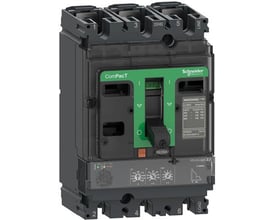 Schneider Electric ComPacT NSX250N 3P maksimalafbryder med grønt håndtag og MicroLogic 2.2 enhed, 160A mærkestrøm.