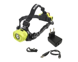 Ironside genopladelig LED-pandelampe i gul og sort med batteri, oplader, USB-kabel og hjelmclips.