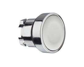 Detaljeret nærbillede af Schneider Electric Harmony Style 4 plan trykknap i grå, med skinnende metalramme og hvid betjeningsflade.