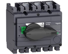 Schneider Electric Interpact INS250 lastafbryder, 160A, 3-polet, i grå plast med sort håndtag i OFF position.