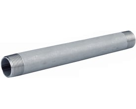 Rustfrit stål (AISI 316) nippelrør, 120 mm langt med 1¼" udvendigt gevind i begge ender, isoleret på hvid baggrund.