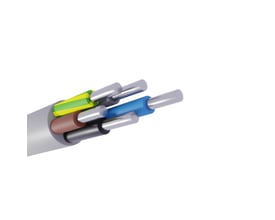 Aluminiumskabel HF-AL-M 5G16 mm² med grå yderkappe og fem farvede ledere synlige i den afisolerede ende.