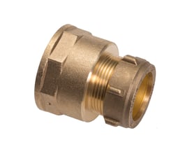 Conex kompressions-overgangsmuffe i messing, 10 mm x 3/8" med indvendigt gevind og kompressionskobling.