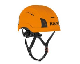 Orange Kask Zenith X Max Air-hjelm med sort justerbar hagerem, vist fra siden.