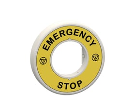 Schneider Electric nødstopskilt med gul baggrund og fransk tekst "ARRET D'URGENCE" samt symboler. Viser produktets front med LED-funktion.