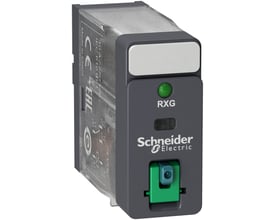 Schneider Electric Harmony RXG stikbensrelæ med 10A, 6V DC og 1 C/O kontakt, med grøn LED, testknap og grøn mekanisme.