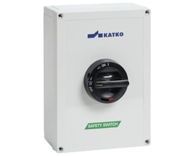 Katko ABS reparationsafbryder, 3-polet 125A, med aflåseligt håndtag og ON/OFF indikator på hvid IP65-klassificeret kapsling.