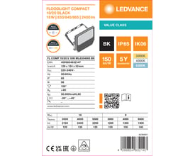 Etiket med tegning og specifikationer for Ledvance Floodlight Compact, sort projektør med multi lumen og justerbar farvetemperatur.