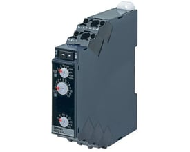 Omron H3DT-L timer til DIN-skinne montage med multifunktion og push-in terminaler, viser justeringsskiver og mærkninger.