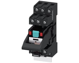 Siemens stikbensrelæ PT3 24V 3CO med rødt LED-modul og fjederbelastede klemmer til nem tilslutning.