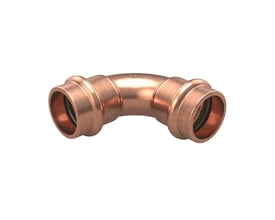 Detalje af Conex MaxiPro 90° kobberbøjning, der viser 3/8" dimension og presfitting-design på hvid baggrund.
