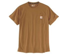 Brun Carhartt Force-lomme-t-shirt i størrelse XXL med rund hals, korte ærmer og brystlomme.