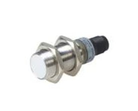 Carlo Gavazzi induktiv M18-Namur-aftaster IA18ESF05UCM1 med gevindhus, lys frontflade og sort kabeltilslutning.
