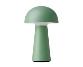 Nielsen Light Move Me bordlampe i støvet grøn med en svampelignende top og kegleformet fod på hvid baggrund.