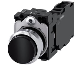 Siemens 22mm trykknap i sort metal med krom kant og momentan kontakt, 1NO+1NC, med skrueklemme.
