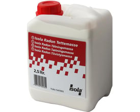 Hvid beholder med rødt låg med Isola Radon-tætningsmasse, 2,5 l, til tætning mod radon.