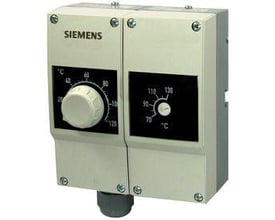 Siemens RAZ-TW.1200P-J dobbelt termostat med lys beige kabinet og to justeringsskiver til temperaturindstilling i °C.