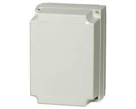 Fibox MNX kasse i grå ABS med synlig kantprofil, måler 180 x 130 x 75 mm, med fire skruer omkring låget.