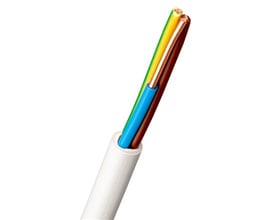 Nexans installationskabel EXQ Easy 3G1,5 i grå halogenfri Dca kvalitet med afisoleret ende, der viser blå, brun og gul/grønne kobberledere.