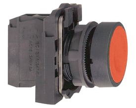 Bagfra af Schneider Electric trykknap, viser kobling og detaljer på 22mm kunststof enhed.