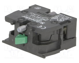Schneider Electric kontaktelement 1 NO ZB2BE101 fra siden, der viser grøn trykknapmekanisme og mærket med CE og UL.