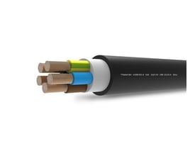 Sort 5G4 RZ1-K flex elkabel med 5 leder, heraf grøn/gul, blå, brun, sort og grå, med en 500m rulle synlig.